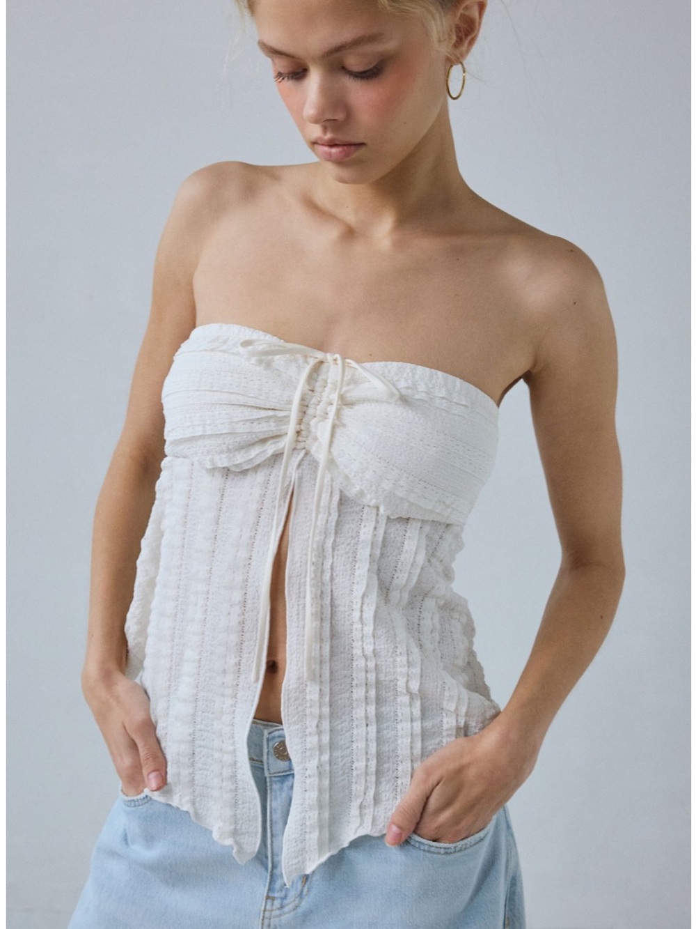 Strapless Textured White Tie-Front Top